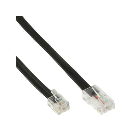 Modularkabel RJ45 til RJ11 3m, gennemsigtige ender med synlige farvede ledninger, 8-pin og 4-pin stik.