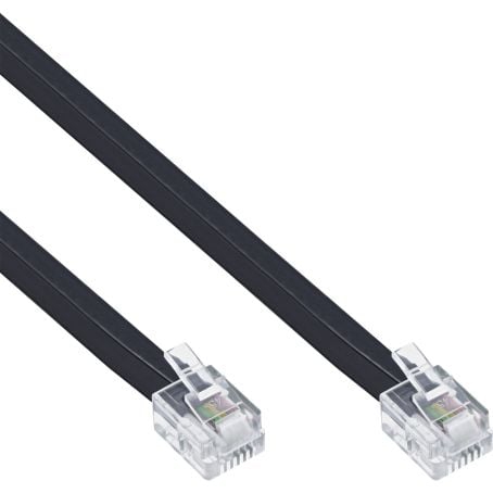 Inline telefonkabel RJ11 til RJ11 6m sort flad med gennemsigtige stik.