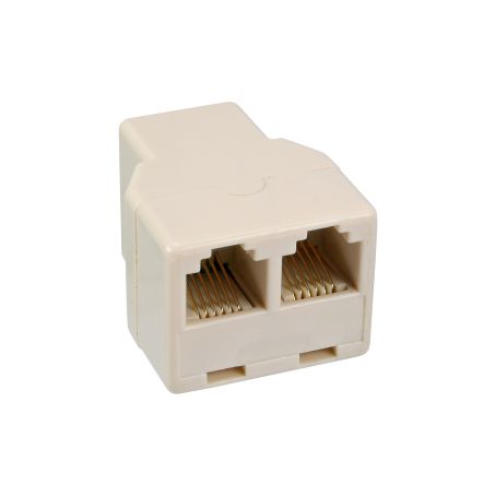 RJ12-splitteradapter, beige plastik, til 6P6C-port til tilslutning af flere telefonkabler eller Ethernet-ledninger.