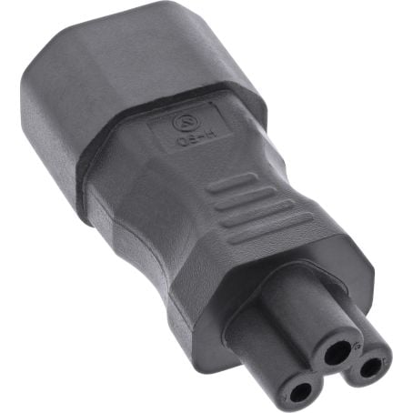 Netadapter IEC 60320 C14 til C5, sort, rektangulært C14-indtag og 3-polet cloverleaf C5-stik.