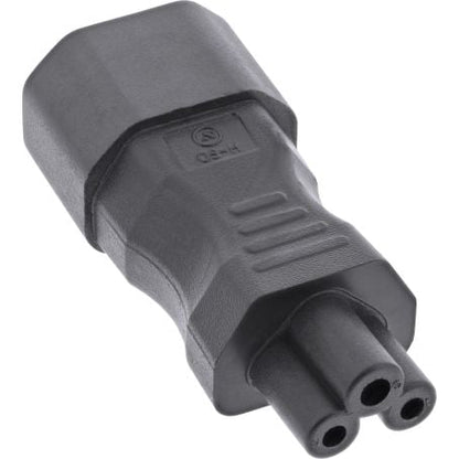 Netadapter IEC 60320 C14 til C5, sort, rektangulært C14-indtag og 3-polet cloverleaf C5-stik.