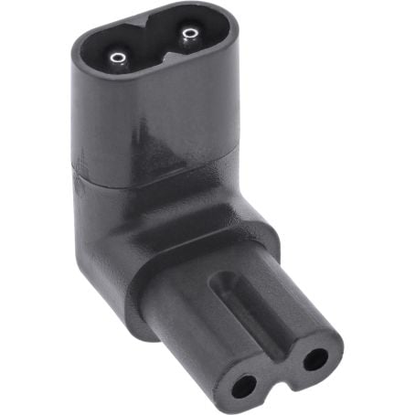 IEC C8 til IEC C7 sort vinklet adapter med to runde ben og tilsvarende hunstik.
