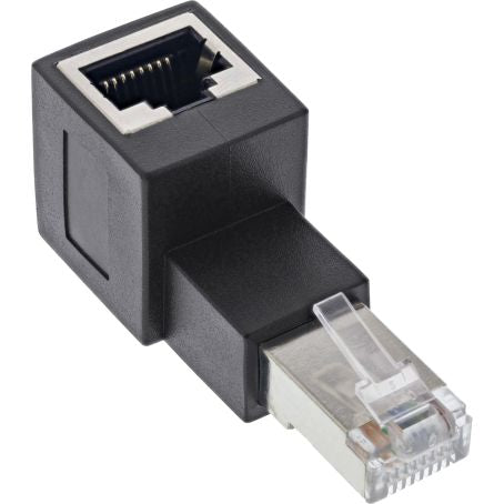 RJ45 vinkeladapter Cat.6A han til hun 90°, sort, Ethernet-adapter med han-hun-port.