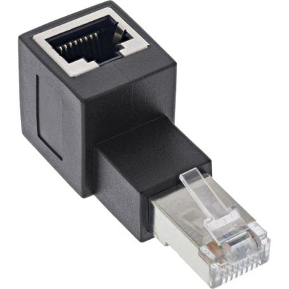 RJ45 vinkeladapter Cat.6A han til hun 90°, sort, Ethernet-adapter med han-hun-port.