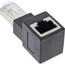RJ45 vinkeladapter Cat.6A han til hun 90° med stik og port, velegnet til Ethernet LAN og Cat.6A netværkskabler.