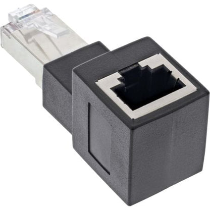 RJ45 vinkeladapter Cat.6A han til hun 90° med stik og port, velegnet til Ethernet LAN og Cat.6A netværkskabler.