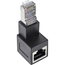 RJ45 vinkeladapter Cat.6A 90° han til hun sort, hanstik øverst og hunstik nederst, til Cat.6A Ethernet.