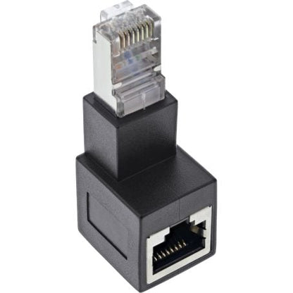RJ45 vinkeladapter Cat.6A 90° han til hun sort, hanstik øverst og hunstik nederst, til Cat.6A Ethernet.