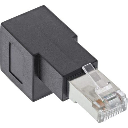 RJ45 vinkeladapter Cat.6A 90° han til hun, sort, rektangulær med transparent RJ45-stik, understøtter Ethernet.