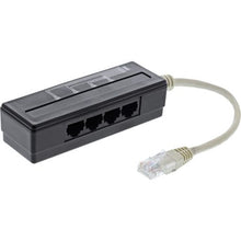 Sort RJ45 4-vejs telefon-port splitter med fire ethernetporte og kort integreret kabel med ethernetstik.