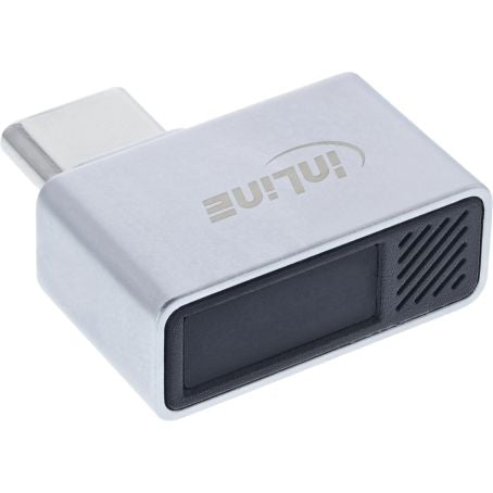 Inline sølvfarvet USB-C-adapter med sort front- og ventilationsgitter, integreret fingeraftrykslæser, Windows Hello-kompatibel.
