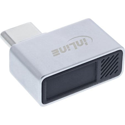 Inline sølvfarvet USB-C-adapter med sort front- og ventilationsgitter, integreret fingeraftrykslæser, Windows Hello-kompatibel.