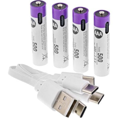 ANSMANN Li-Ion AAA Akku Typ 500 4-pak, hvide/lilla batterier med til USB/USB-C ladekabler, 1,5V AAA.