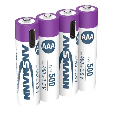 ANSMANN Li-Ion AAA Akku Typ 500 genopladelige batterier, 400 mAh 1,5V, lilla top, blå/sort tekst, pakke med 4 stk.