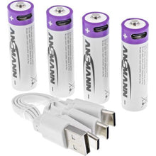 ANSMANN Li-Ion AA-batterier 2000 mAh 4-pak med hvidt USB-A til tredobbelt USB-C opladerkabel.