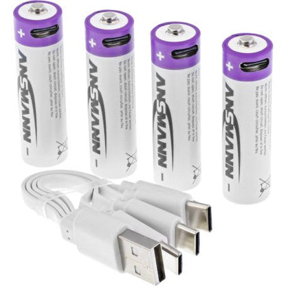 ANSMANN Li-Ion AA-batterier 2000 mAh 4-pak med hvidt USB-A til tredobbelt USB-C opladerkabel.