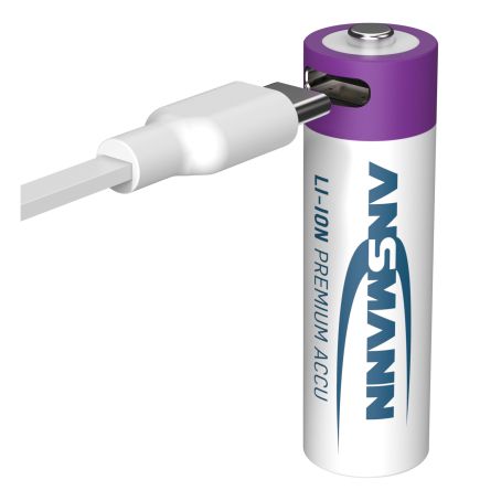 ANSMANN Li-Ion AA batteri 2000mAh oplades med USB-C kabel direkte til batteriet.