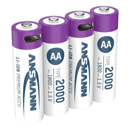 ANSMANN Li-Ion AA genopladelige batterier 2000 mAh 4-pak USB-C opladning, alle batterier i række.
