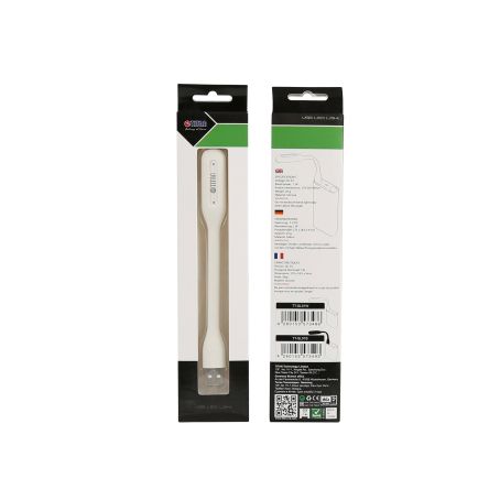 USB Titan LED-lampe UV sterilisator stav, emballage for- og bagside med produktbillede, stregkode og QR-koder.