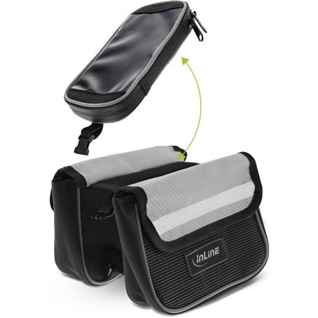 Inline cykeltaske til ramme sort, til vandafvisende Oxford-nylon sidelommer og aftagelig top-pouch med klar touchscreen.