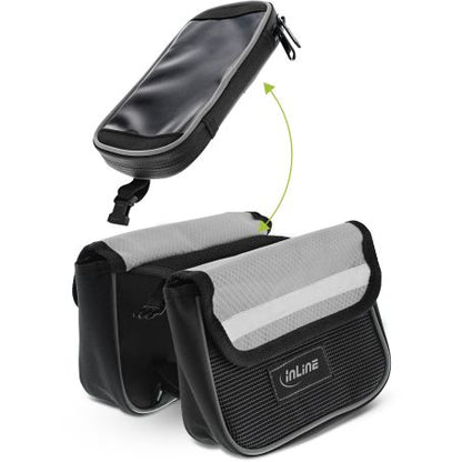 Inline cykeltaske til ramme sort, til vandafvisende Oxford-nylon sidelommer og aftagelig top-pouch med klar touchscreen.