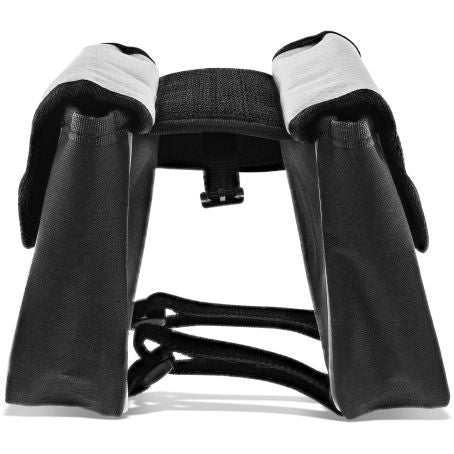 Cykeltaske til ramme, sort og hvid, Oxford-nylon med polstrede sider, midterclips, velcro og justerbare stropper.