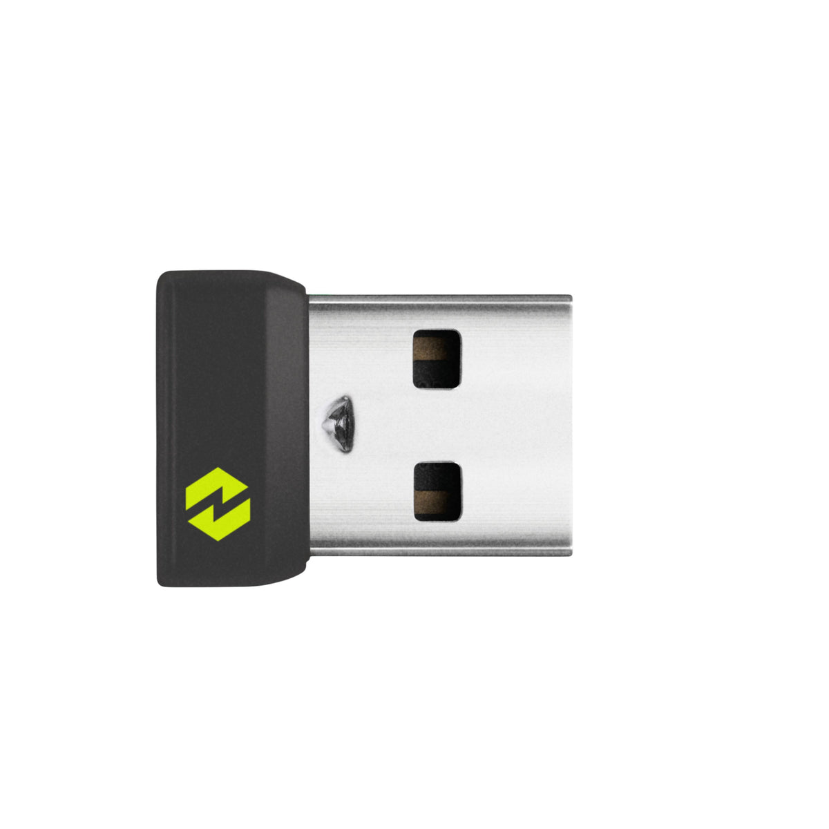 Logitech Logi Bolt USB-modtager i sort med grønt lyn-logo og sølvfarvet metalstik.