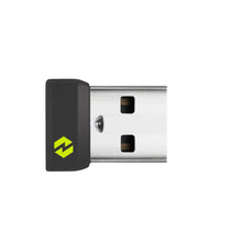 Logitech Logi Bolt USB-modtager i sort med grønt lyn-logo og sølvfarvet metalstik.