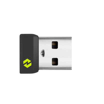 Logitech Logi Bolt USB-modtager i sort med grønt lyn-logo og sølvfarvet metalstik.