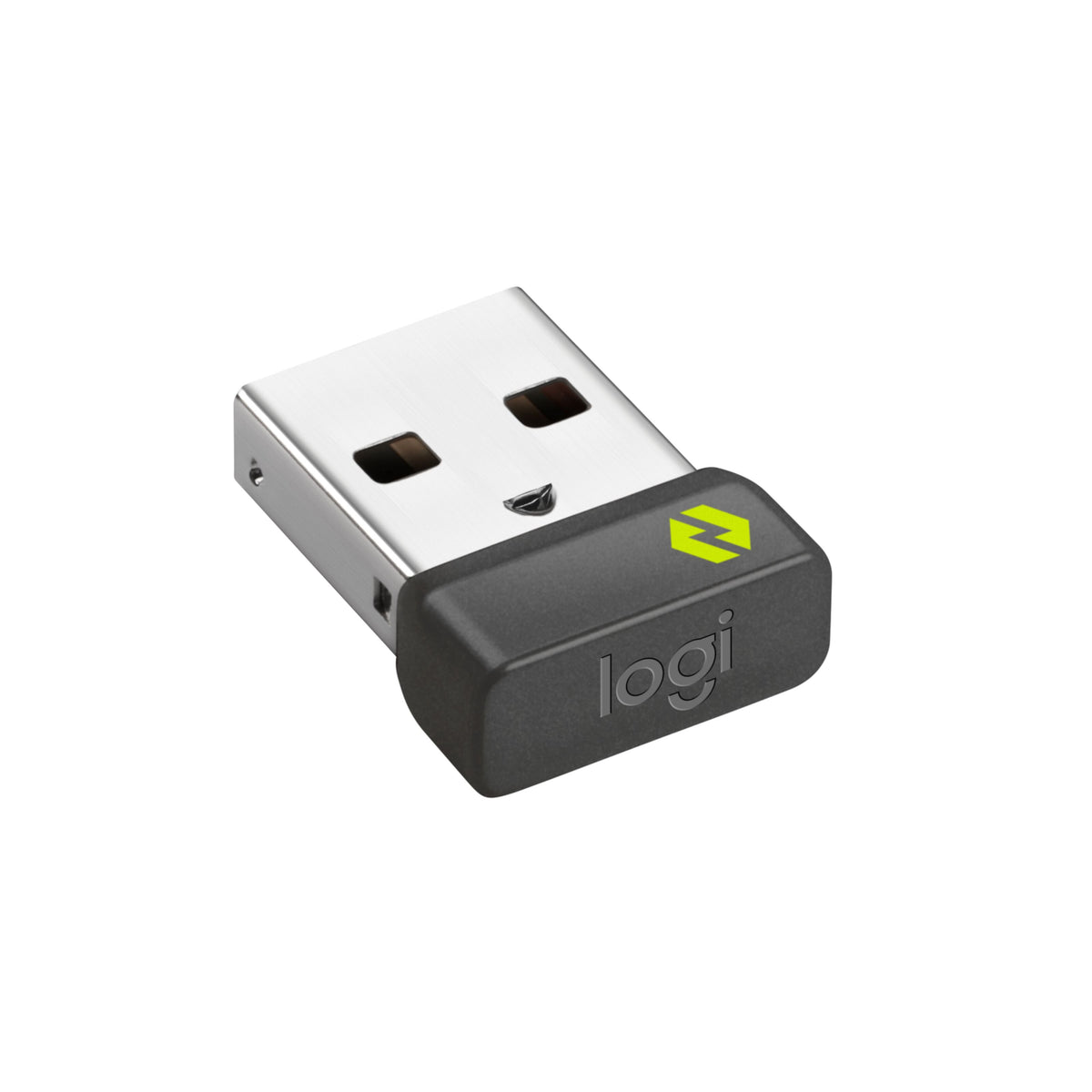 Logitech Logi Bolt USB-modtager med sort kappe, grønt logo og præget tekst.