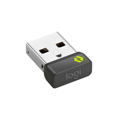 Logitech Logi Bolt USB-modtager med sort kappe, grønt logo og præget tekst.