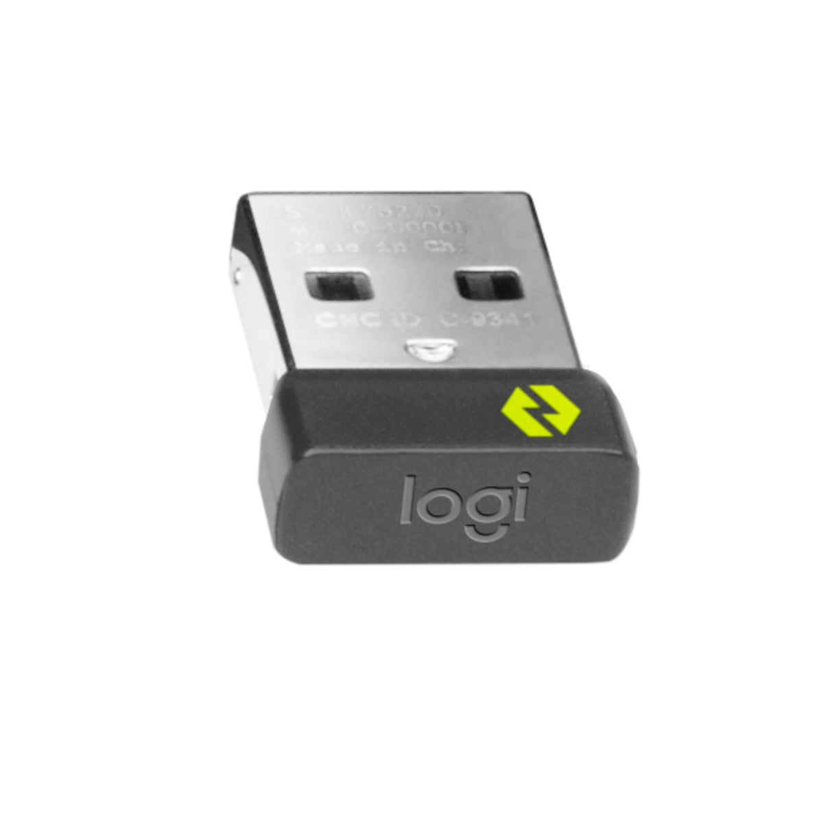 Logi Bolt USB-modtager med sort kappe og gult lyn-ikon.