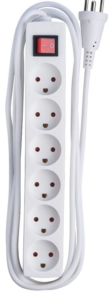 Microconnect 6-stikdåse dansk med afbryder, hvid, 6 udtag, rød tænd/sluk-knap, 3 meter ledning.