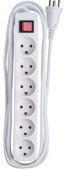 Microconnect 6-stikdåse dansk med afbryder, hvid, 6 udtag, rød tænd/sluk-knap, 3 meter ledning.