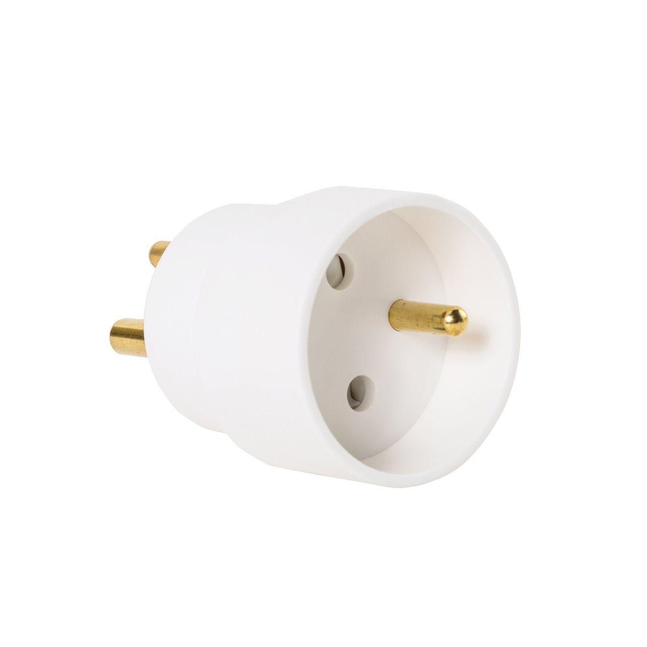 Hybridstikprop dansk jord til pind jord, hvid adapter med to runde guldfarvede ben og jordforbindelsesstift.