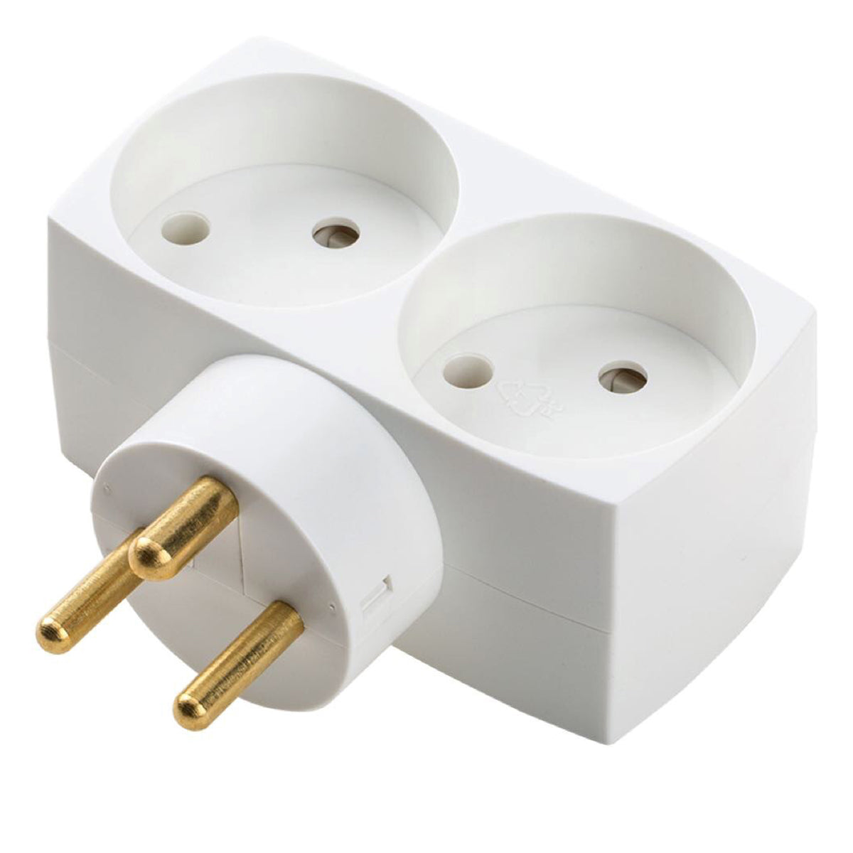 Dobbeltstik D2 adapter, hvid, 2 runde jordede stik, 3 runde guldbelagte ben, rektangulær form.