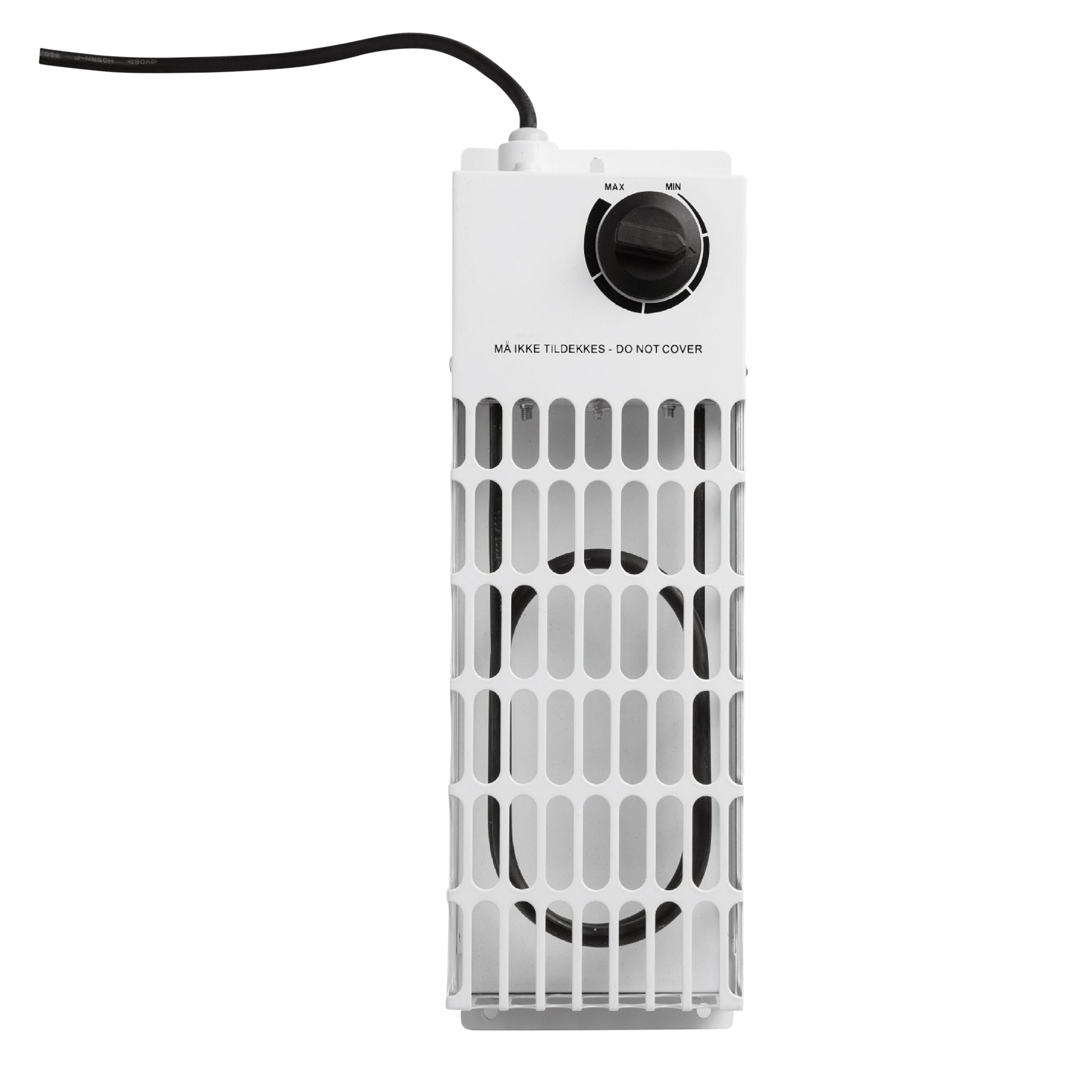 Frostvagt 200W el-radiator, hvid, ventileret front, kontrolknap øverst, strømkabel bagpå, "DO NOT COVER" printet.