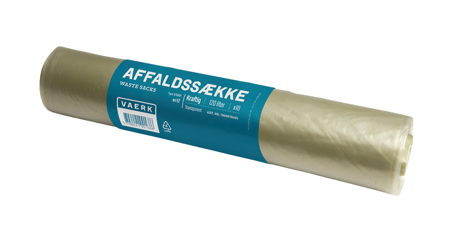 Transparent rulle med 10 stk 120L affaldssække, tekst "AFFALDSSÆKKE" og "WASTE SACKS" på emballagen.