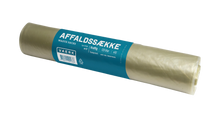 Transparent rulle med 10 stk 120L affaldssække, tekst "AFFALDSSÆKKE" og "WASTE SACKS" på emballagen.