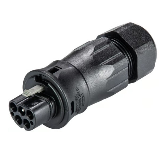 RST20I5 5-pol stik han, sort cylinderformet med flere runde ben og rillet greb, IP66/IP68, til kabelmontering.