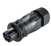 RST20I5 5-pol stik han, sort cylinderformet med flere runde ben og rillet greb, IP66/IP68, til kabelmontering.