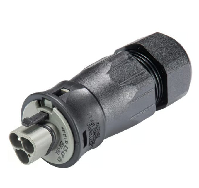 RST25I3 Stik han, sort/sølv elektrisk stik med låsemekanisme og rillede sider for greb, cylindrisk design.