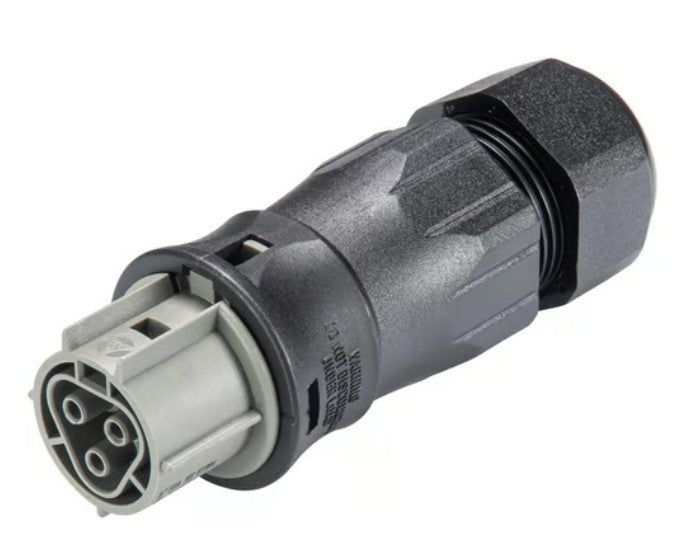 RST25I3 stik hun, sort/grå, cylindrisk industristik (IP66/IP68) med fire runde pinhuller.