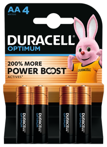 Duracell Optimum AA-batterier 4 stk pakke, Duracell-kanin til højre, tekst "200 More Power Boost" og "AA 4.