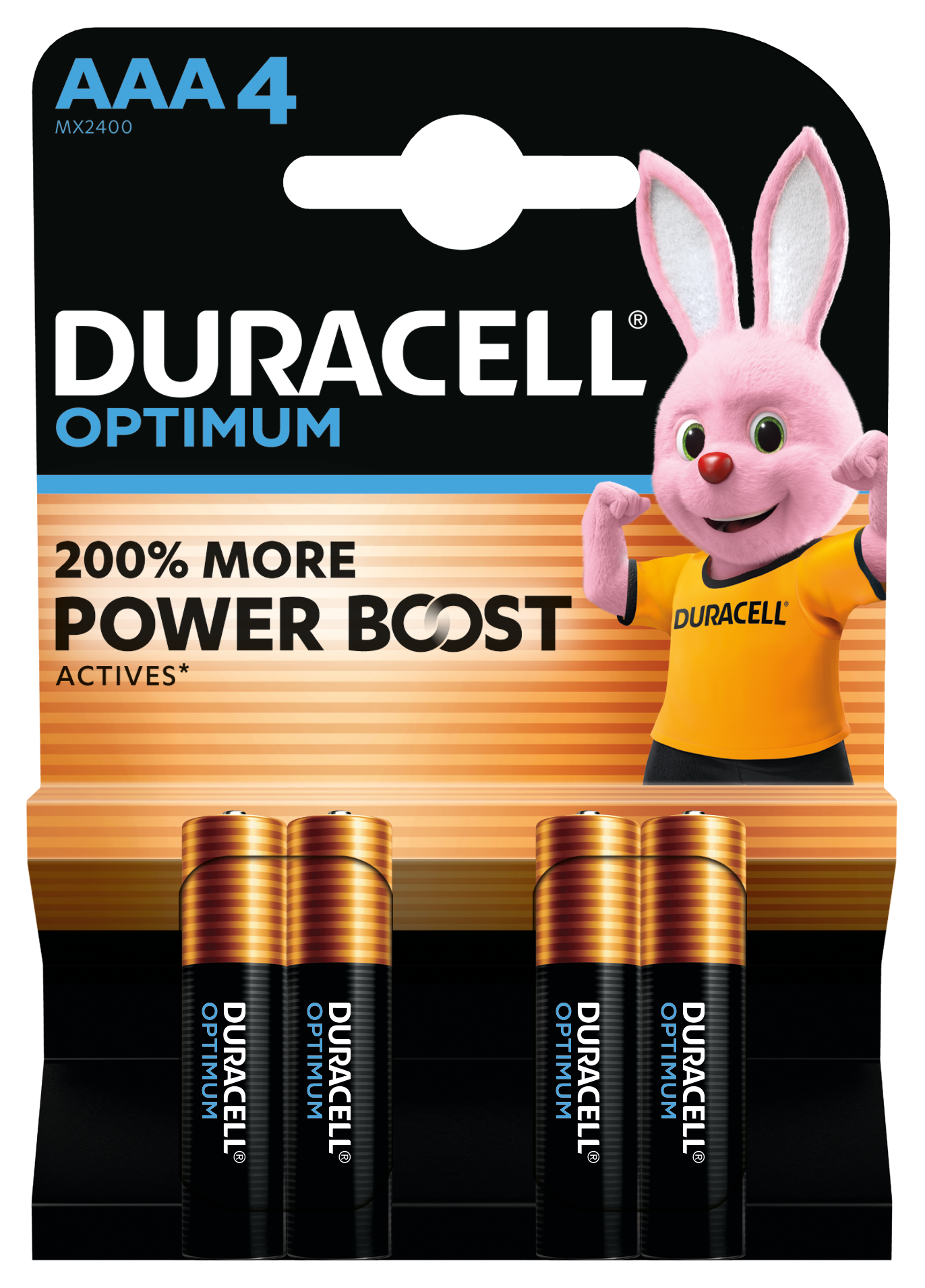Duracell Optimum AAA 4-pak alkaliske batterier, synlige i emballage med kanin i orange trøje og teksten "200 More Power Boost.