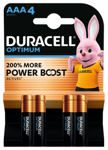 Duracell Optimum AAA 4-pak alkaliske batterier, synlige i emballage med kanin i orange trøje og teksten "200 More Power Boost.
