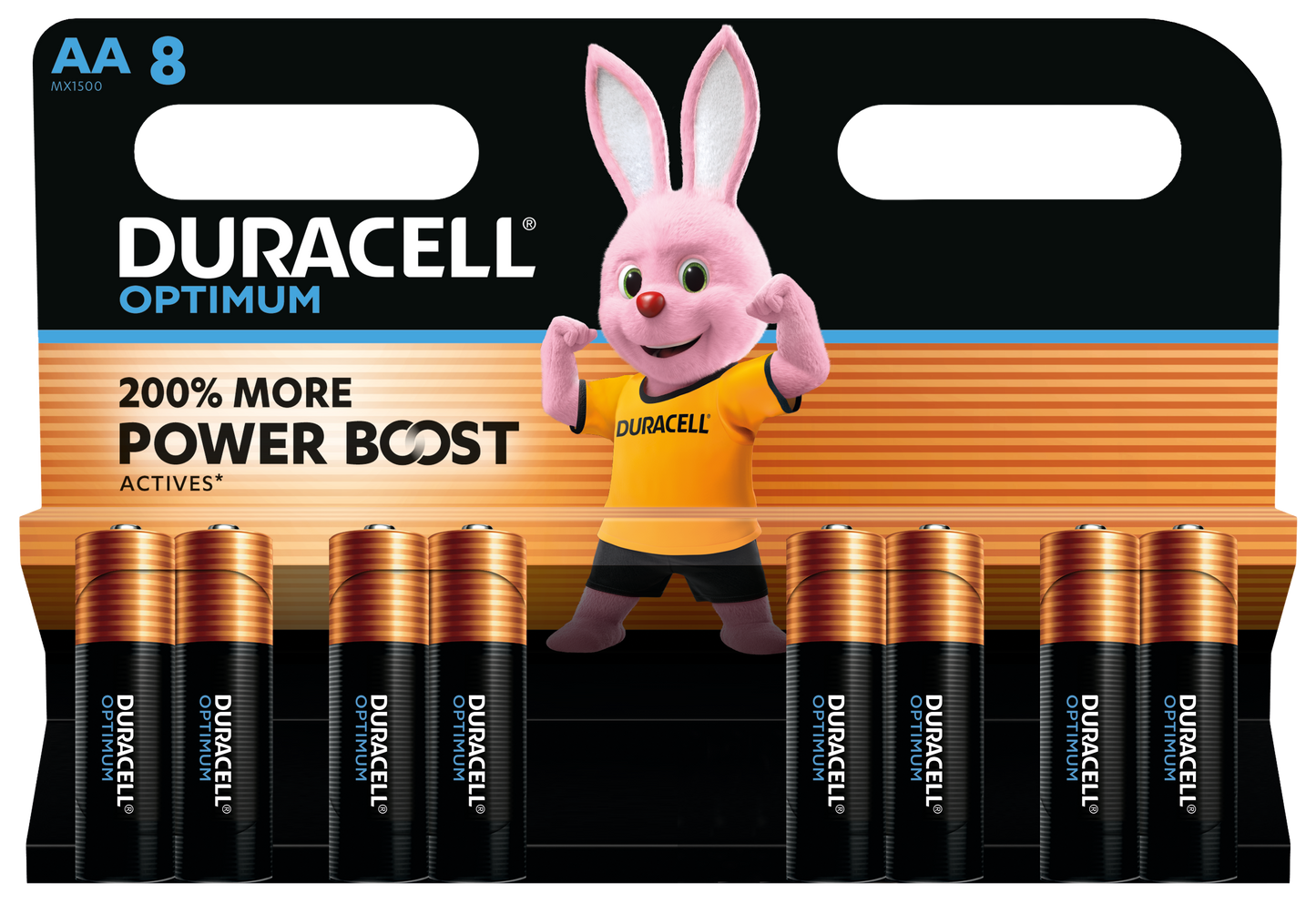 Duracell Optimum AA 8 stk alkaliske batterier, æske med Duracell-kaniner i orange trøje og Power Boost-logo.