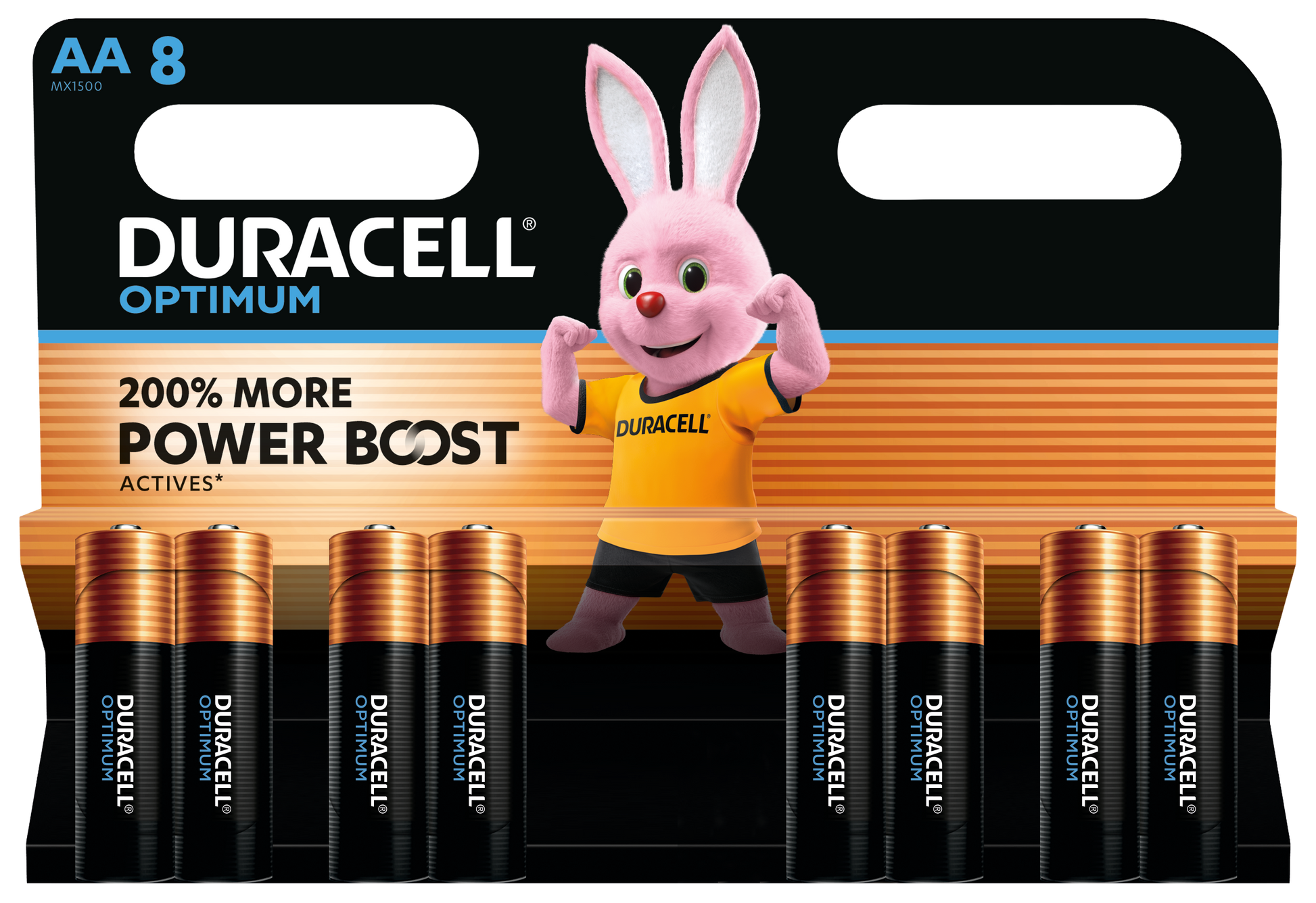 Duracell Optimum AA 8 stk alkaliske batterier, æske med Duracell-kaniner i orange trøje og Power Boost-logo.
