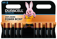 Duracell Optimum AA 8 stk alkaliske batterier, æske med Duracell-kaniner i orange trøje og Power Boost-logo.