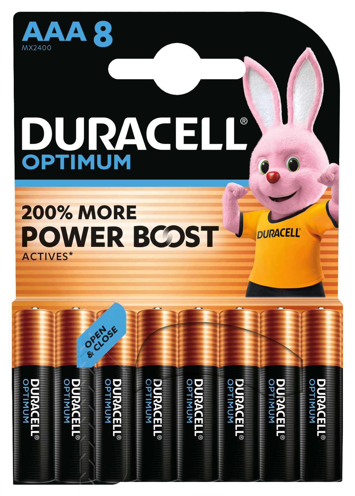 Duracell Optimum AAA batterier 8 stk i pakke med pink Bunny i orange trøje og teksten "200 More Power Boost.